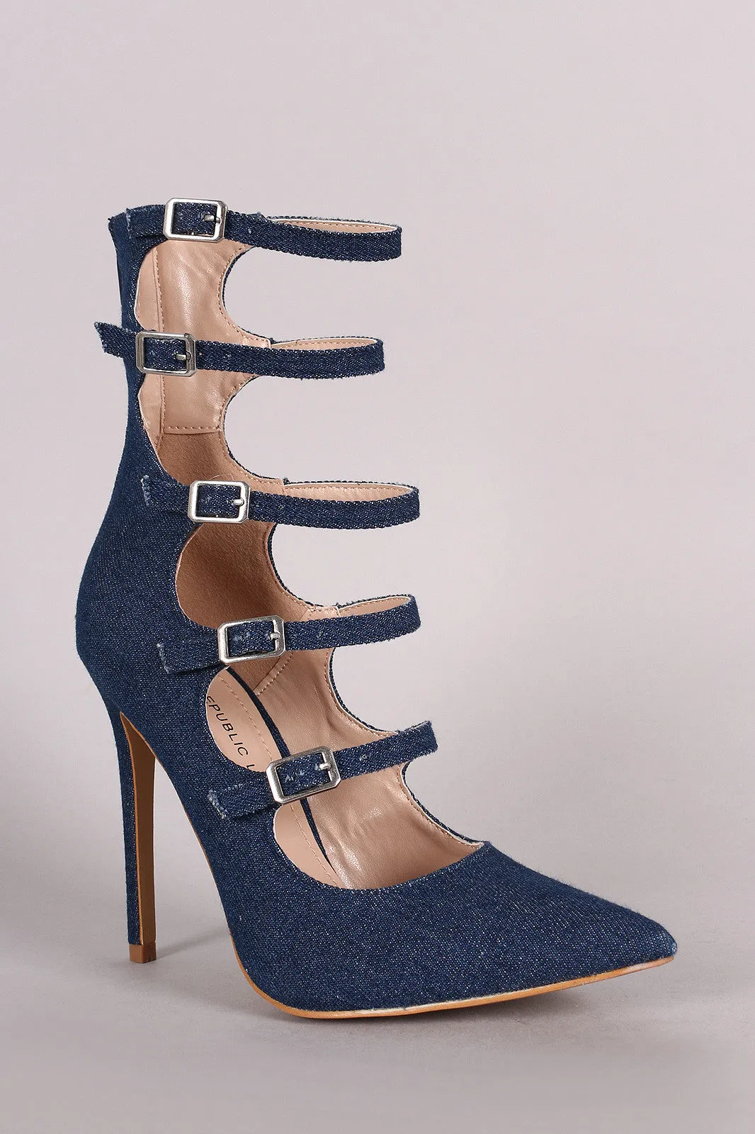 Shoe Republic LA Denim Strappy Buckled Pointy Toe Stiletto Pump